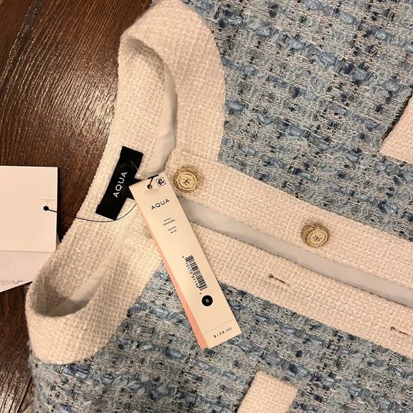 Aqua Light Blue Tweed Cropped Jacket with Cream Trim - Picture 3 of 4